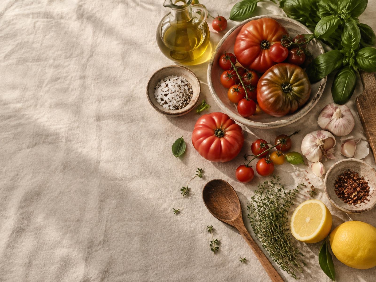 Fresh ingredients laid out on a linen surface